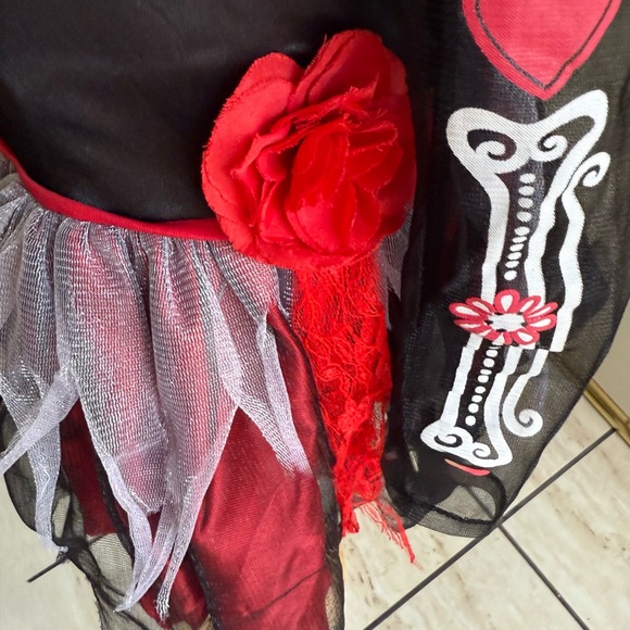 Day of the Dead kids Black and Red Halloween Skeleton Costume - Picture 7 of 9